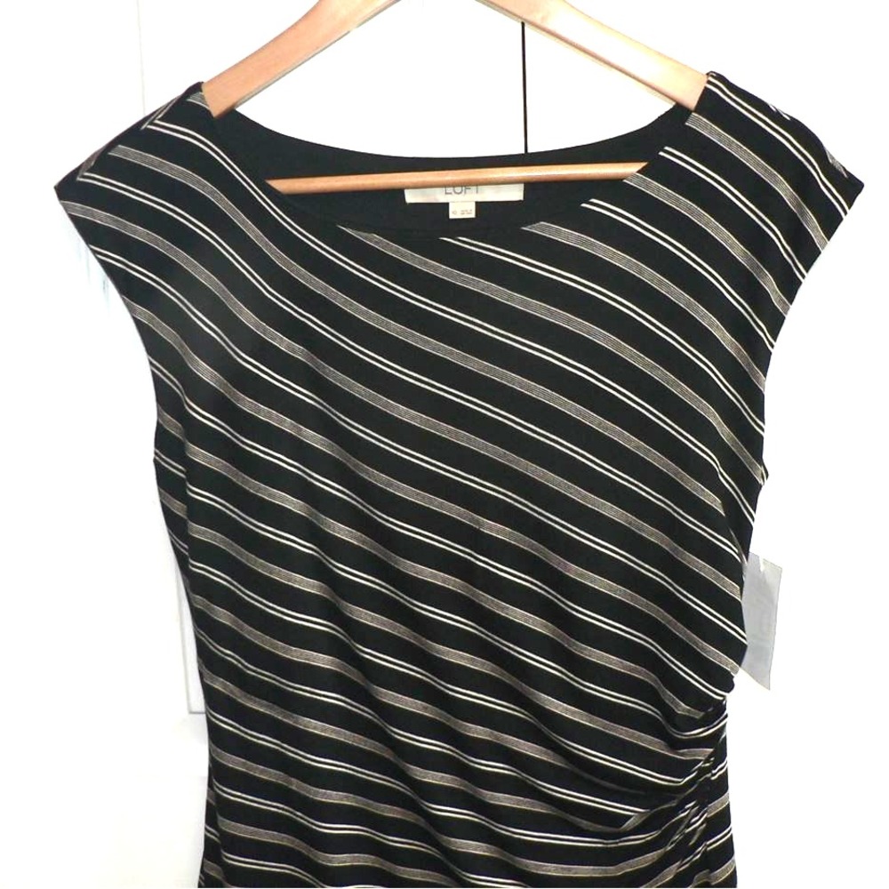 Ann Taylor Loft Women's Sleeveless Side Ruched Striped Dress in Black & Tan XS - Picture 3 of 9